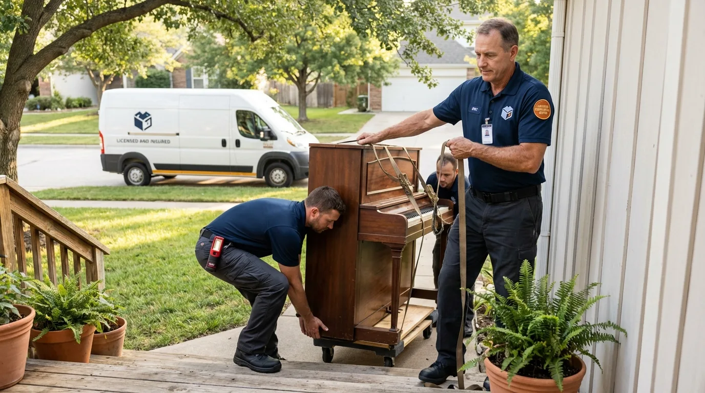 Licensed piano movers securing grand piano in Tujunga, CA