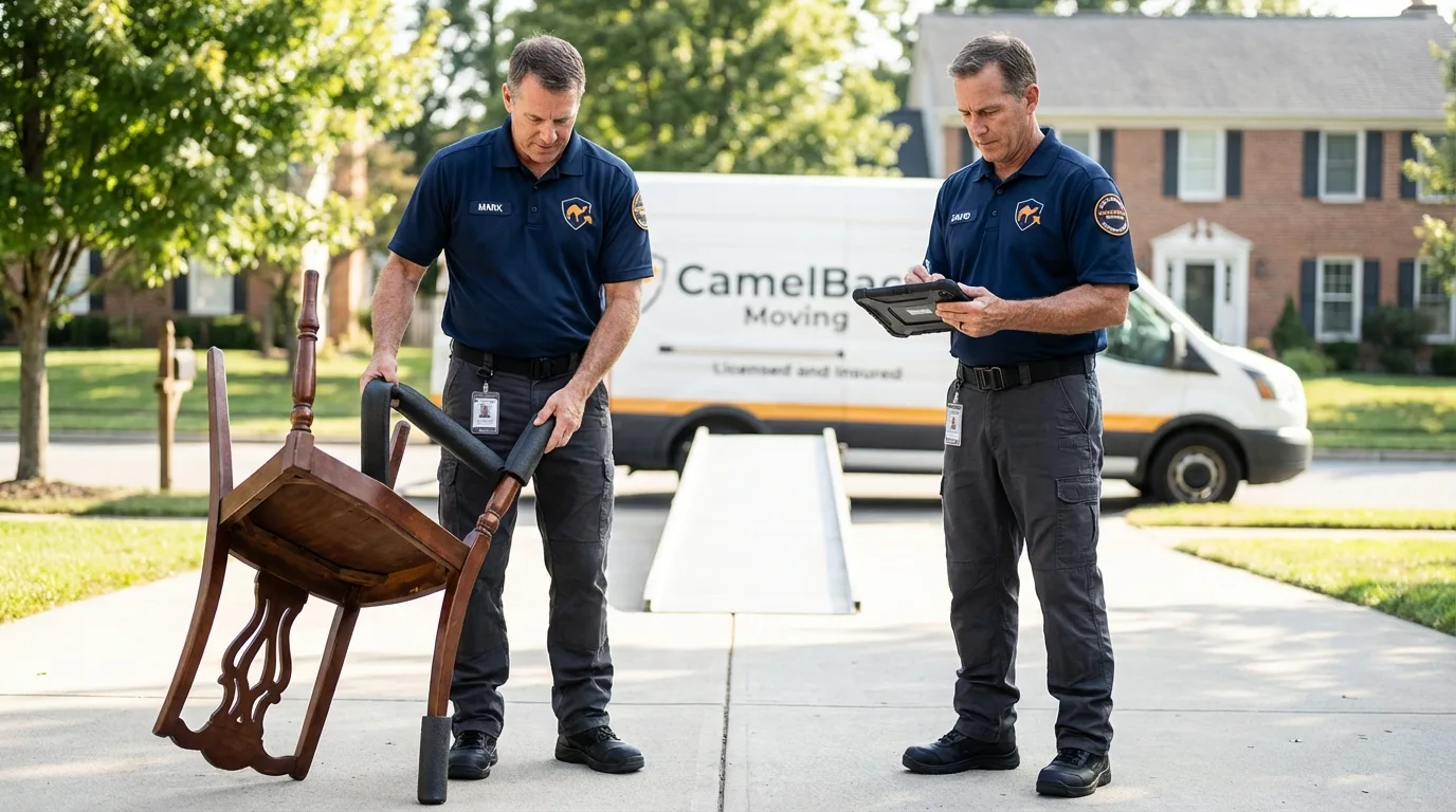 Movers inspecting furniture for damage prevention before loading in Tujunga, CA