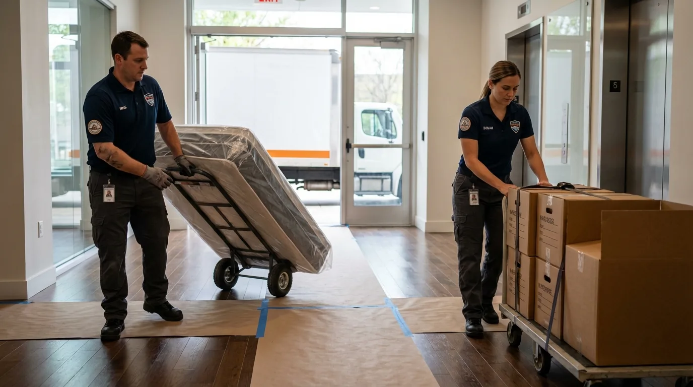Professional apartment movers loading elevator in Tujunga, CA
