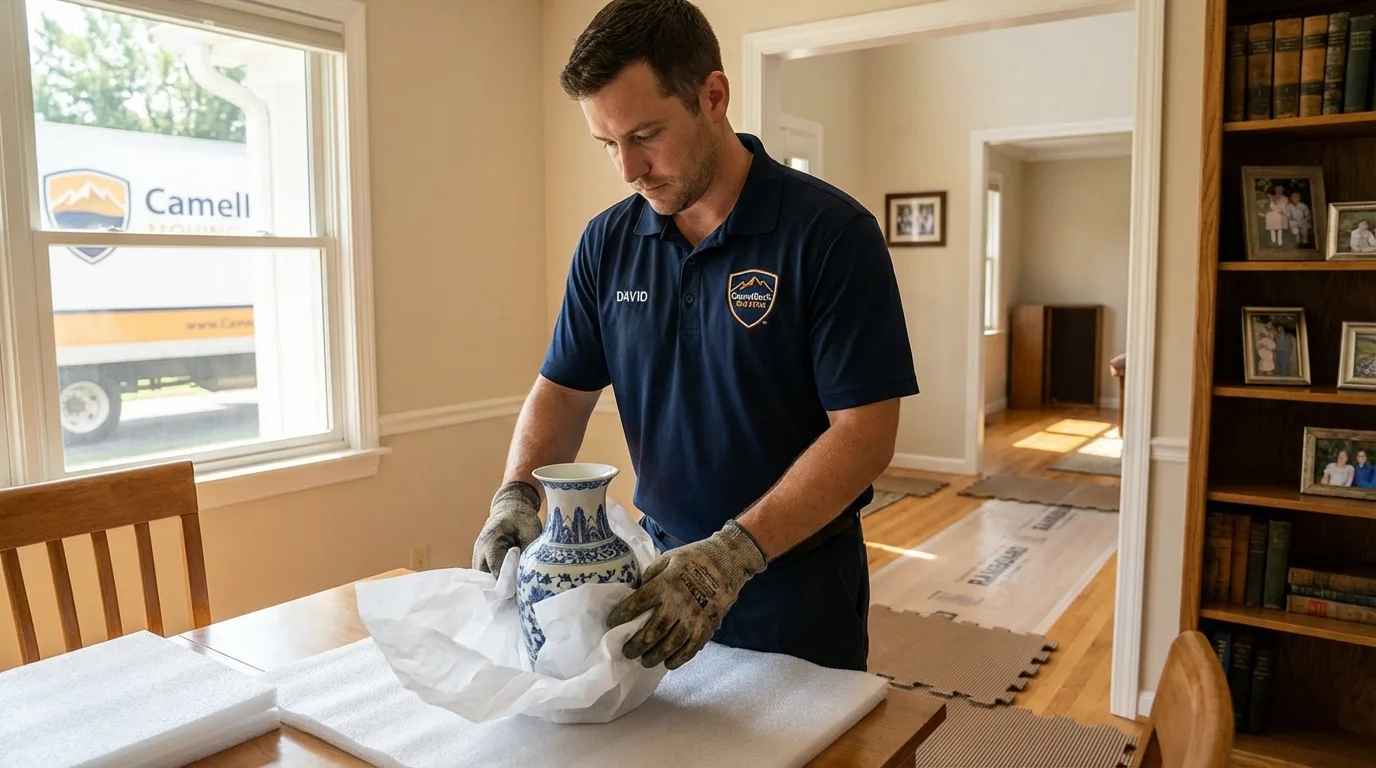 Professional crew carefully wrapping antique vase for senior downsizing move in Tujunga, CA